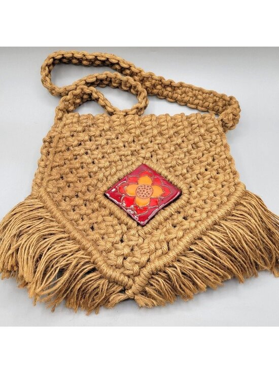Handmade Handbags - Handmade Macrame Purse Shoulder Bag Fold Over Flap Ceramic Tile Boho Hippie